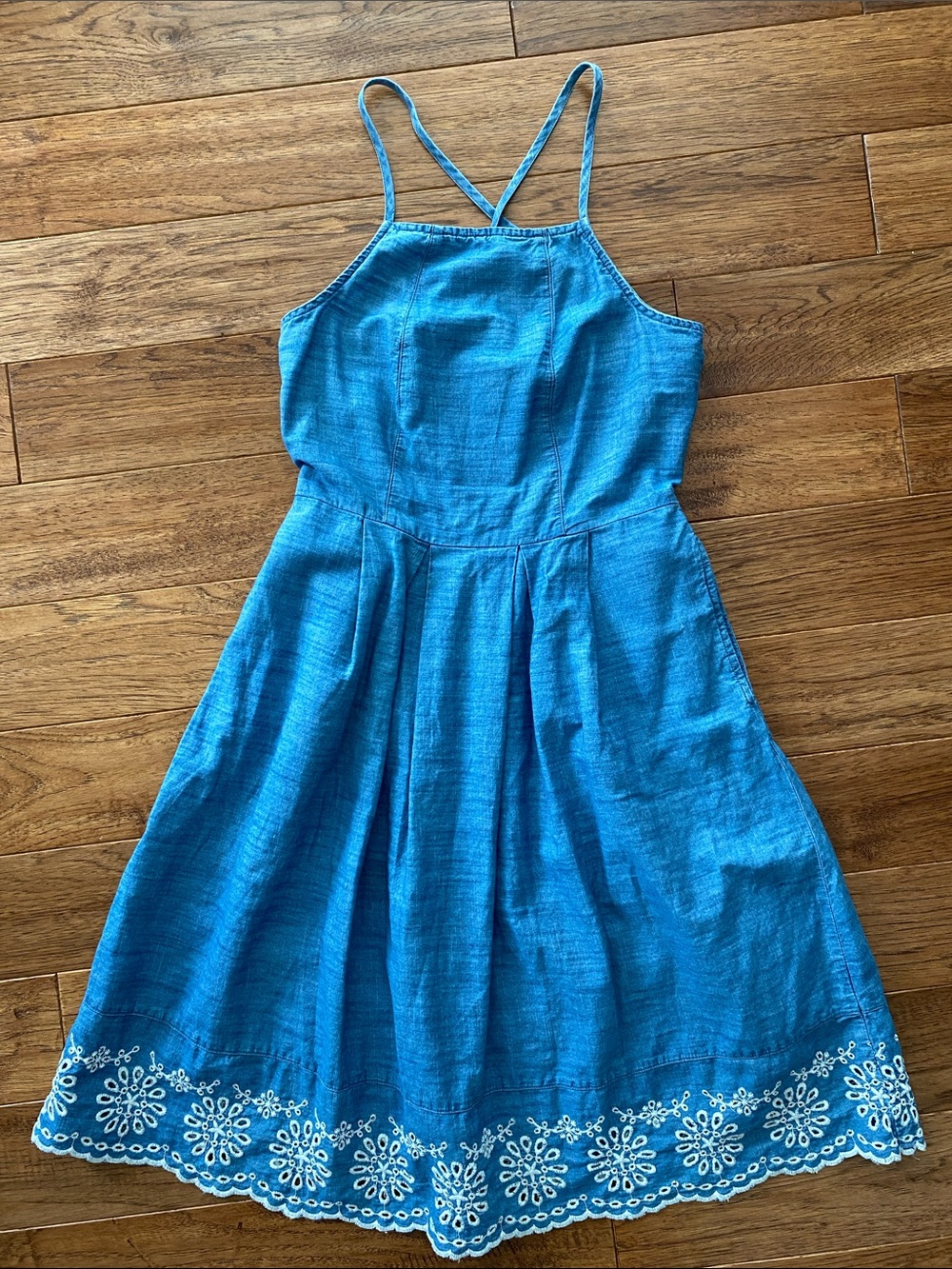 SO Blue Embroidered Hem Strappy Sundress
